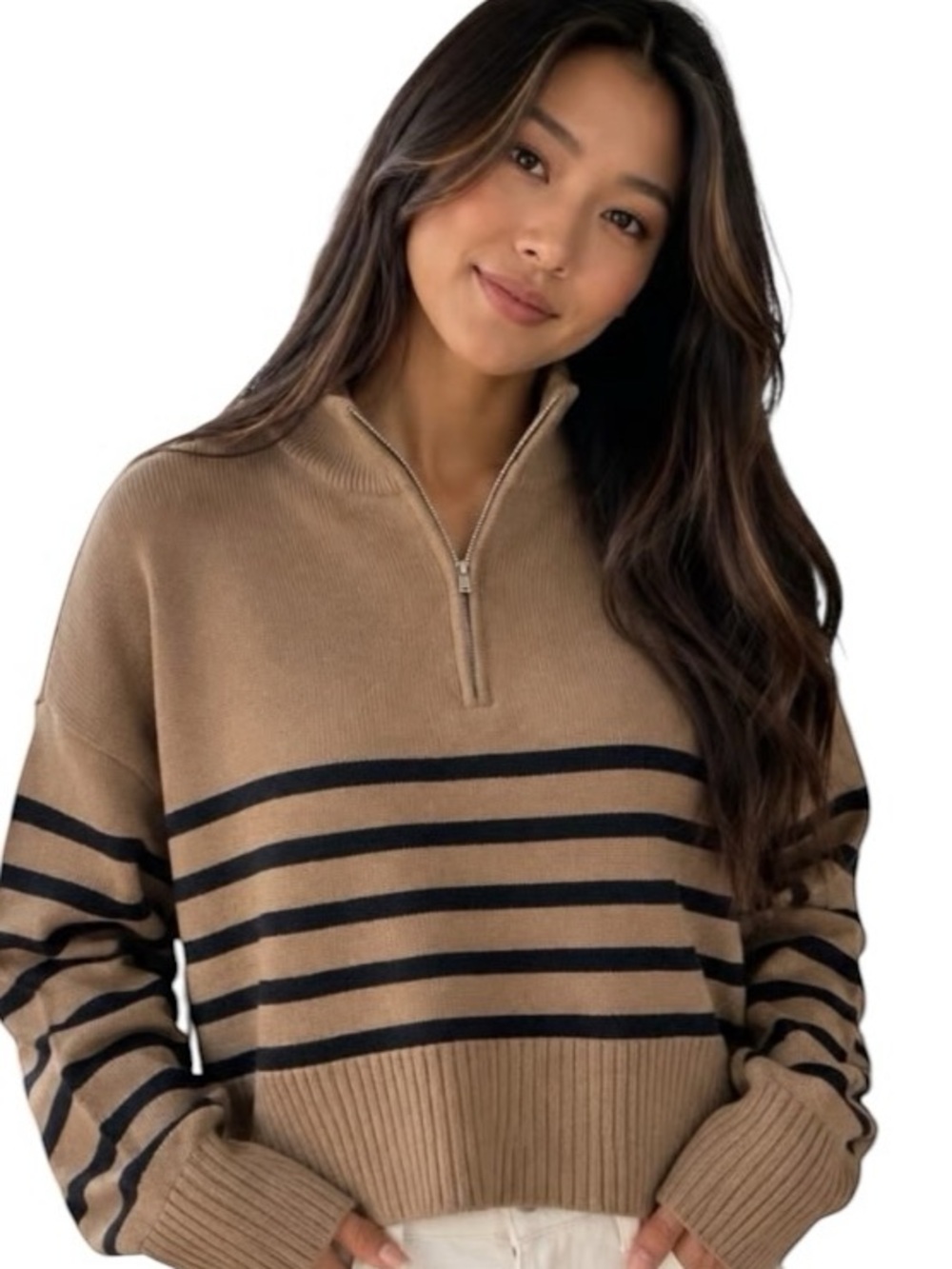 NWT DKNY Jeans Quarter-Zip Striped Sweater in Brown W/ Black Stripes. Sz. M